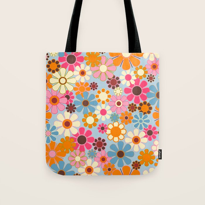 Cheerful Floral Retro Garden 60s 70s Pattern in Ice Blue Orange Pink Tote Bag Gallery Image 1