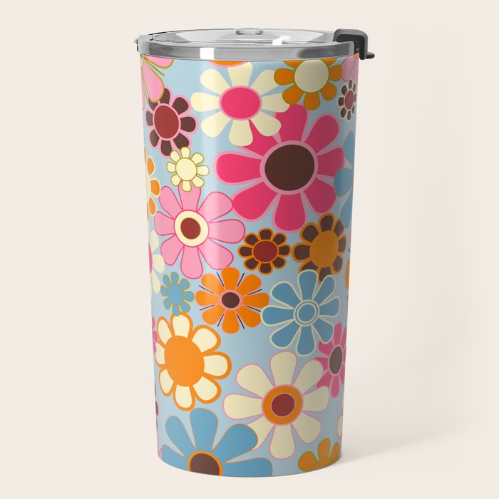 Cheerful Floral Retro Garden 60s 70s Pattern in Ice Blue Orange Pink Travel Mug Gallery Image 2