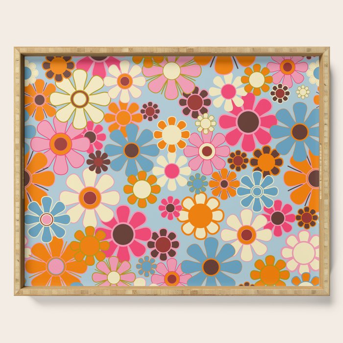 Cheerful Floral Retro Garden 60s 70s Pattern in Ice Blue Orange Pink Serving Tray Gallery Image 1