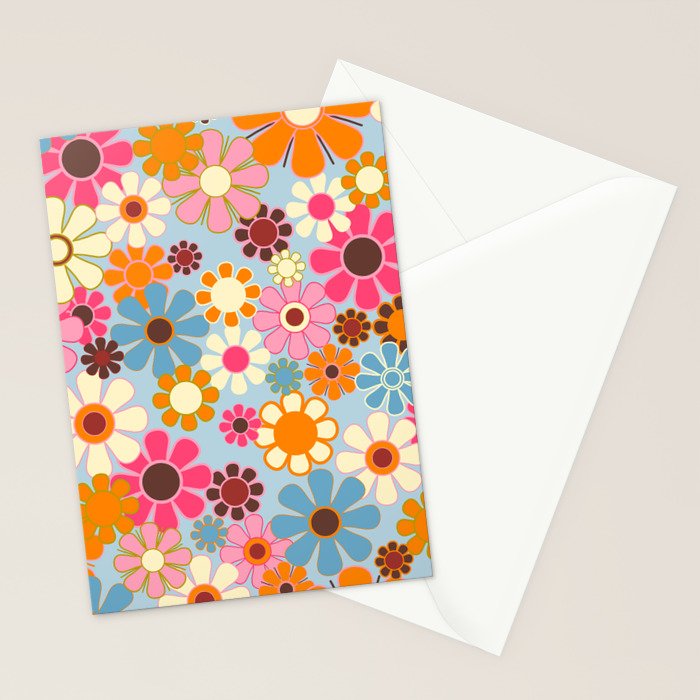 Cheerful Floral Retro Garden 60s 70s Pattern in Ice Blue Orange Pink Stationery Card Gallery Image 2