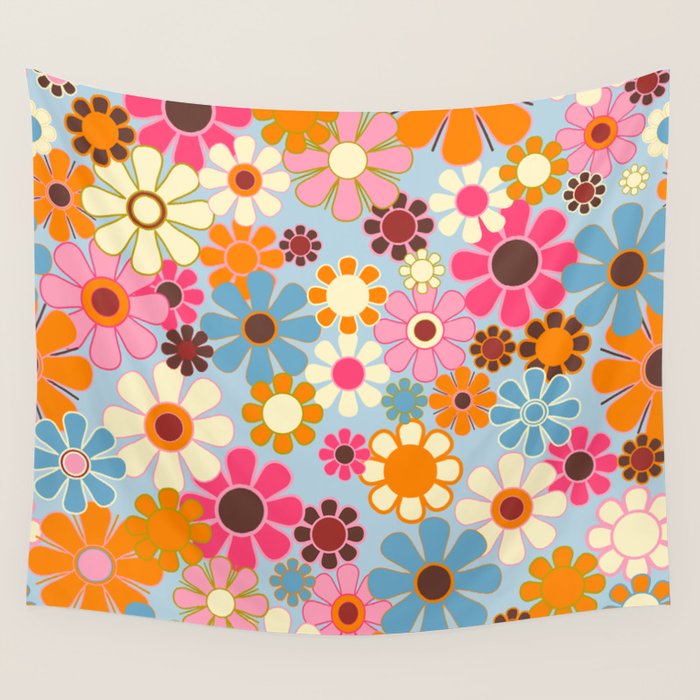 Cheerful Floral Retro Garden 60s 70s Pattern in Ice Blue Orange Pink Wall Tapestry Gallery Image 4