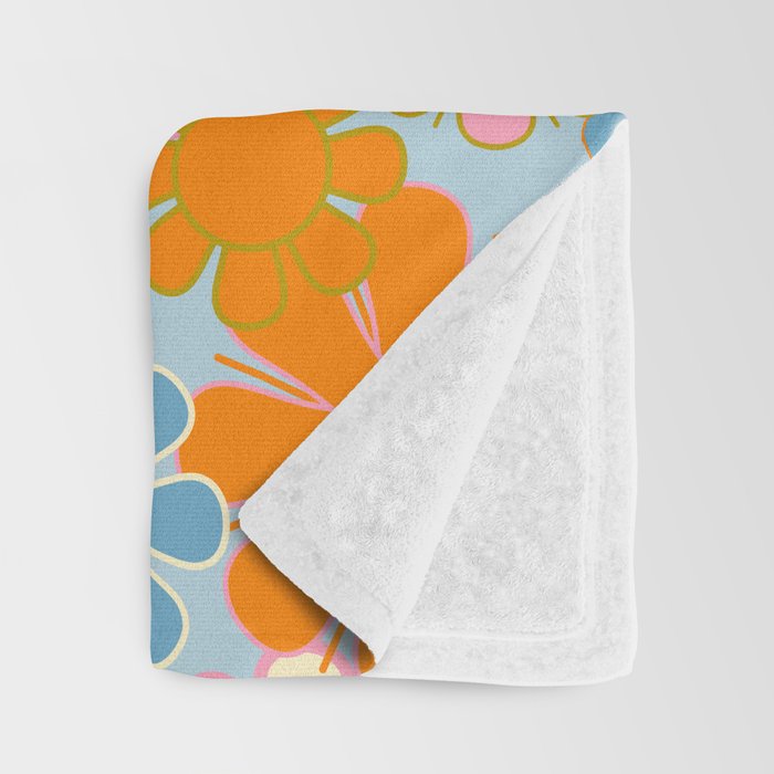 Cheerful Floral Retro Garden 60s 70s Pattern in Ice Blue Orange Pink Throw Blanket Gallery Image 3