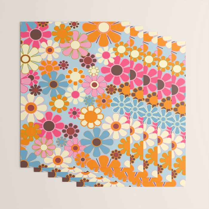 Cheerful Floral Retro Garden 60s 70s Pattern in Ice Blue Orange Pink Wrapping Paper Gallery Image 3