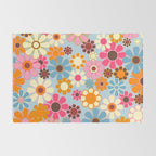 Cheerful Floral Retro Garden 60s 70s Pattern in Ice Blue Orange Pink Rug Gallery Image 2