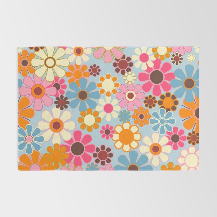 Cheerful Floral Retro Garden 60s 70s Pattern in Ice Blue Orange Pink Rug Gallery Image 2