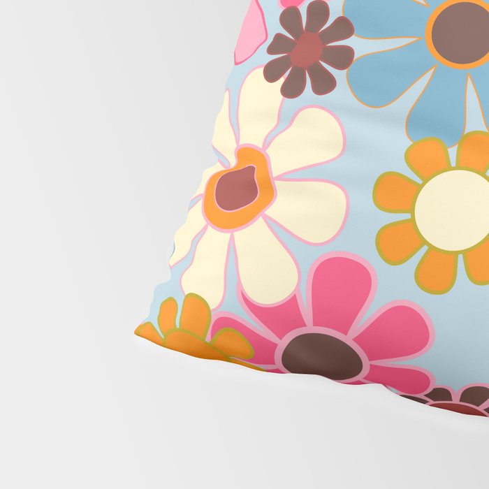 Cheerful Floral Retro Garden 60s 70s Pattern in Ice Blue Orange Pink Pillow Sham Gallery Image 4