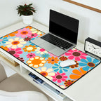 Cheerful Floral Retro Garden 60s 70s Pattern in Ice Blue Orange Pink Desk Mat Gallery Image 2