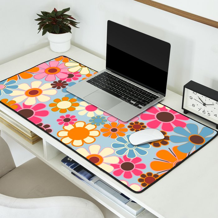 Cheerful Floral Retro Garden 60s 70s Pattern in Ice Blue Orange Pink Desk Mat Gallery Image 2