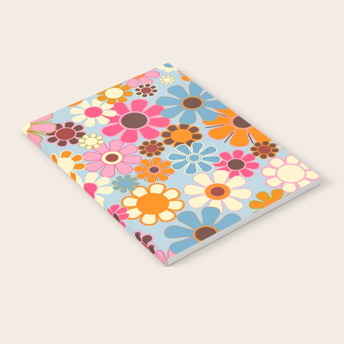 Cheerful Floral Retro Garden 60s 70s Pattern in Ice Blue Orange Pink Notebook Gallery Image 1