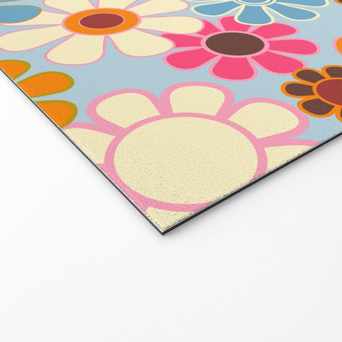 Cheerful Floral Retro Garden 60s 70s Pattern in Ice Blue Orange Pink Welcome Mat Gallery Image 2