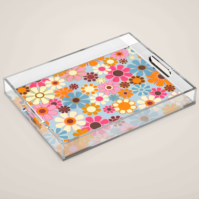 Cheerful Floral Retro Garden 60s 70s Pattern in Ice Blue Orange Pink Acrylic Tray Gallery Image 1