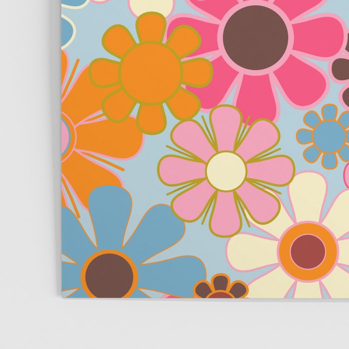 Cheerful Floral Retro Garden 60s 70s Pattern in Ice Blue Orange Pink Poster Gallery Image 3