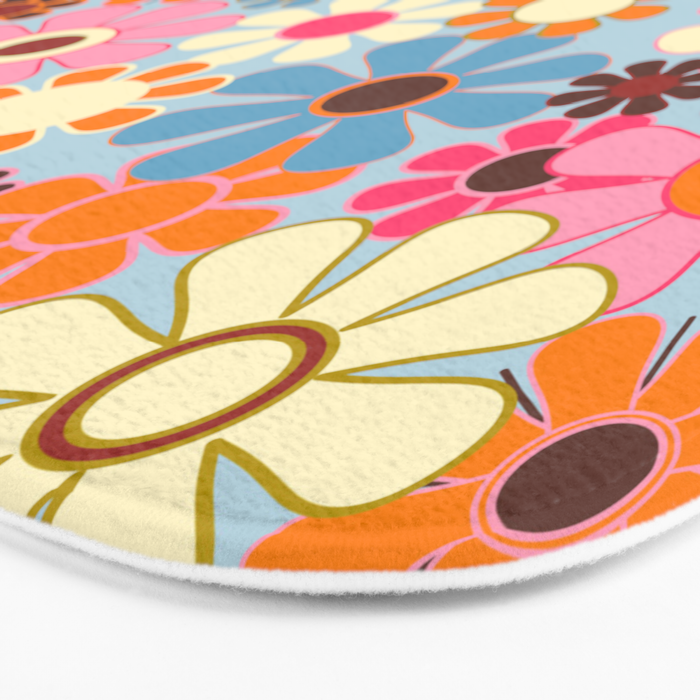 Cheerful Floral Retro Garden 60s 70s Pattern in Ice Blue Orange Pink Bath Mat Gallery Image 3