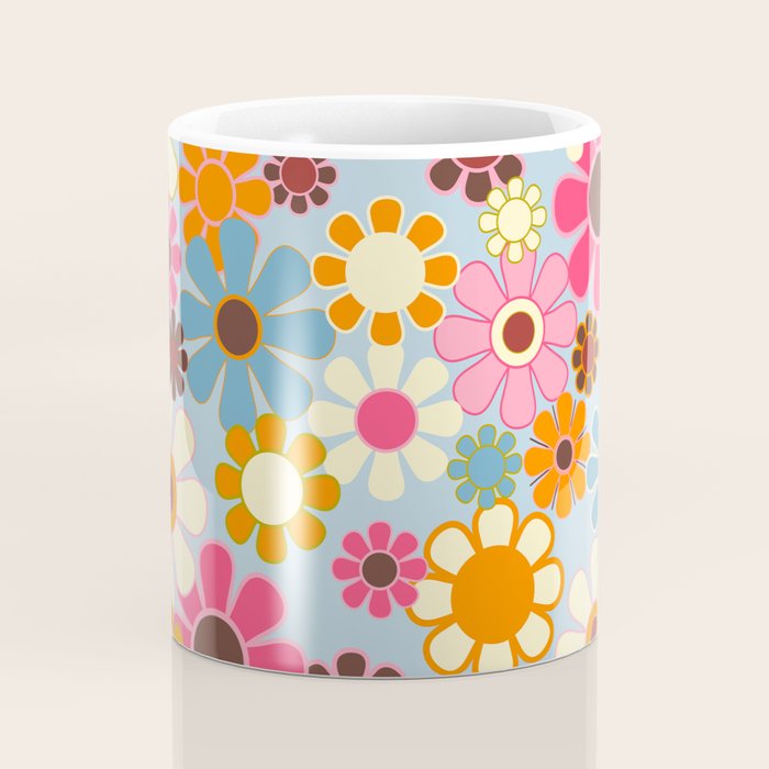 Cheerful Floral Retro Garden 60s 70s Pattern in Ice Blue Orange Pink Coffee Mug Gallery Image 4