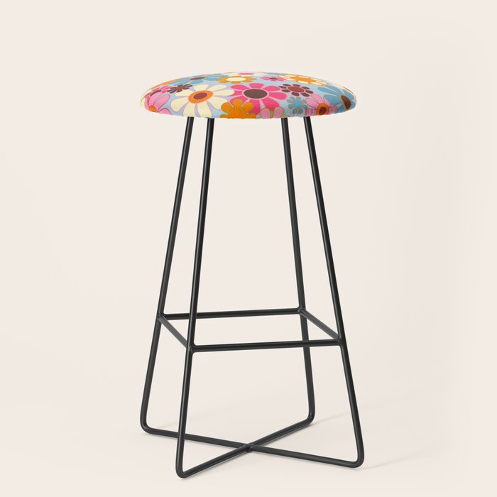Cheerful Floral Retro Garden 60s 70s Pattern in Ice Blue Orange Pink Stool Gallery Image 1