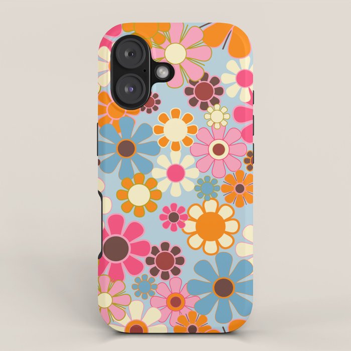 Cheerful Floral Retro Garden 60s 70s Pattern in Ice Blue Orange Pink iPhone Case Gallery Image 1