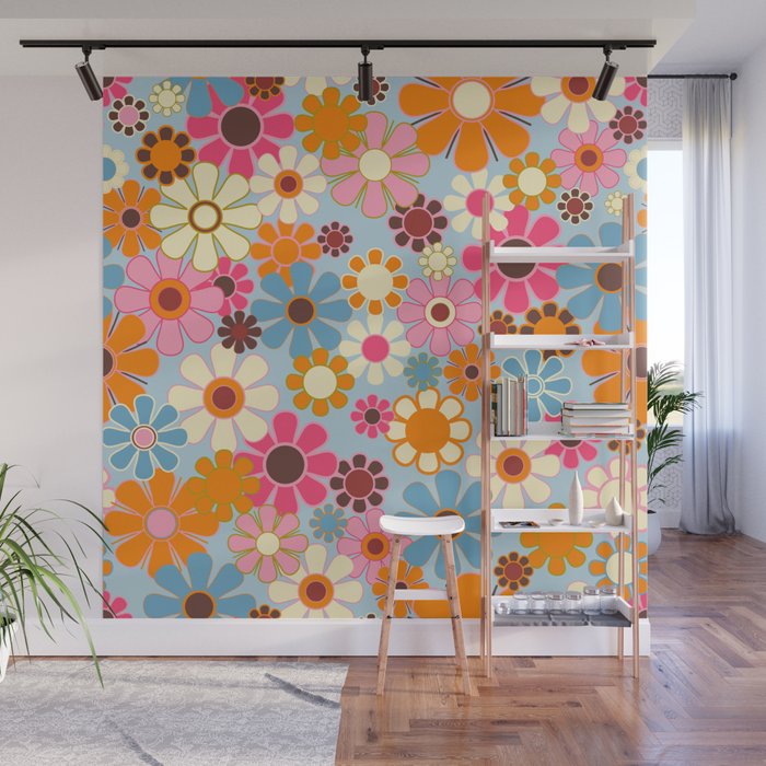Cheerful Floral Retro Garden 60s 70s Pattern in Ice Blue Orange Pink Wall Mural Gallery Image 1