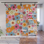 Cheerful Floral Retro Garden 60s 70s Pattern in Ice Blue Orange Pink Wall Mural Gallery Image 1
