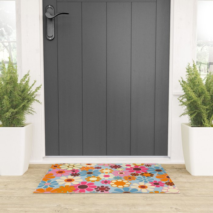 Cheerful Floral Retro Garden 60s 70s Pattern in Ice Blue Orange Pink Welcome Mat Gallery Image 3