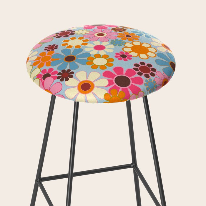 Cheerful Floral Retro Garden 60s 70s Pattern in Ice Blue Orange Pink Stool Gallery Image 2