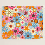 Cheerful Floral Retro Garden 60s 70s Pattern in Ice Blue Orange Pink Jigsaw Puzzle Gallery Image 1