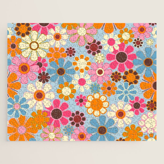 Cheerful Floral Retro Garden 60s 70s Pattern in Ice Blue Orange Pink Jigsaw Puzzle Gallery Image 1