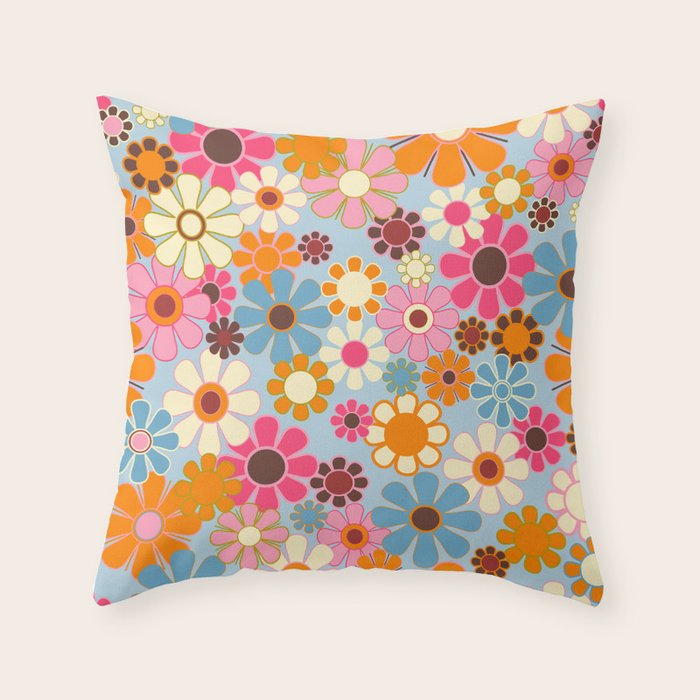 Cheerful Floral Retro Garden 60s 70s Pattern in Ice Blue Orange Pink Throw Pillow Gallery Image 6