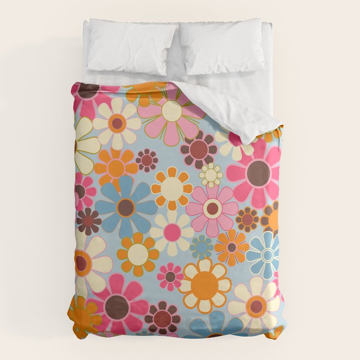 Cheerful Floral Retro Garden 60s 70s Pattern in Ice Blue Orange Pink Duvet Cover Gallery Image 1