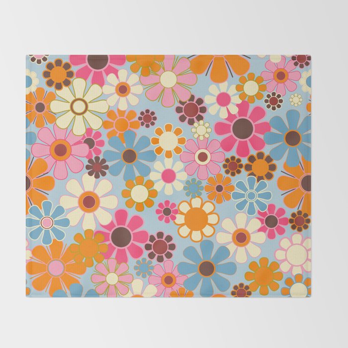 Cheerful Floral Retro Garden 60s 70s Pattern in Ice Blue Orange Pink Throw Blanket Gallery Image 2