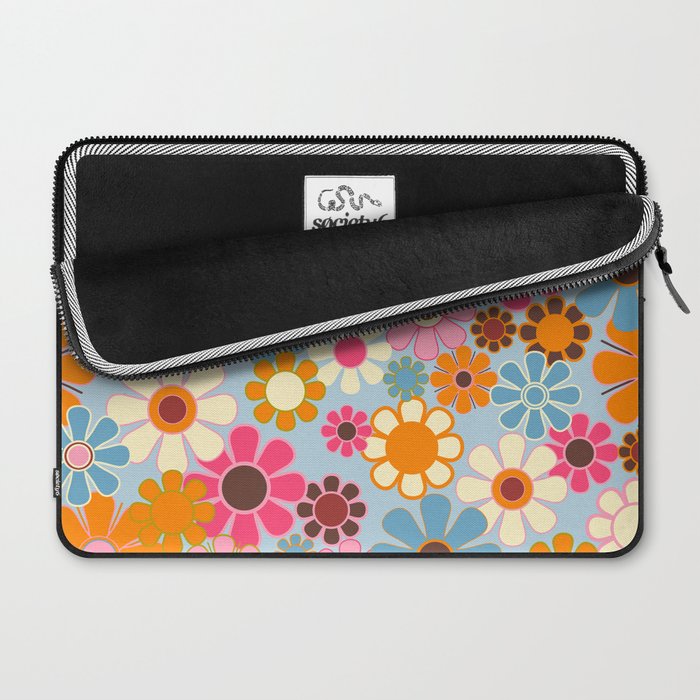 Cheerful Floral Retro Garden 60s 70s Pattern in Ice Blue Orange Pink Laptop Sleeve Gallery Image 2