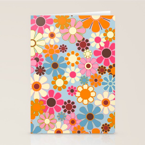 Cheerful Floral Retro Garden 60s 70s Pattern in Ice Blue Orange Pink Stationery Card Gallery Image 1