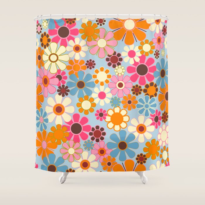 Cheerful Floral Retro Garden 60s 70s Pattern in Ice Blue Orange Pink Shower Curtain Gallery Image 1