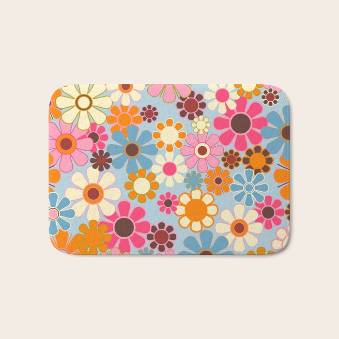 Cheerful Floral Retro Garden 60s 70s Pattern in Ice Blue Orange Pink Bath Mat Gallery Image 1