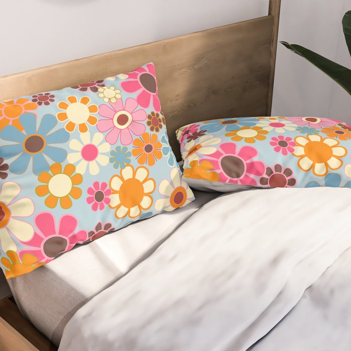Cheerful Floral Retro Garden 60s 70s Pattern in Ice Blue Orange Pink Pillow Sham Gallery Image 2