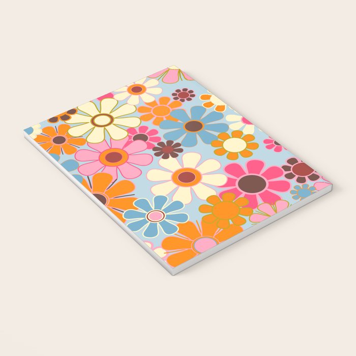 Cheerful Floral Retro Garden 60s 70s Pattern in Ice Blue Orange Pink Notebook Gallery Image 3
