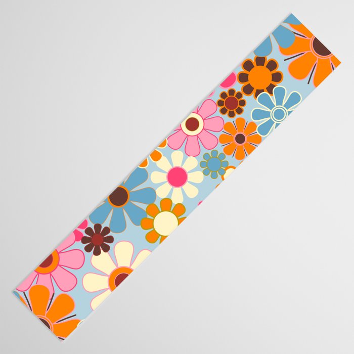 Cheerful Floral Retro Garden 60s 70s Pattern in Ice Blue Orange Pink Table Runner Gallery Image 3