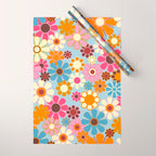 Cheerful Floral Retro Garden 60s 70s Pattern in Ice Blue Orange Pink Wrapping Paper Gallery Image 1