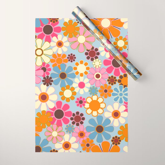 Cheerful Floral Retro Garden 60s 70s Pattern in Ice Blue Orange Pink Wrapping Paper Gallery Image 1