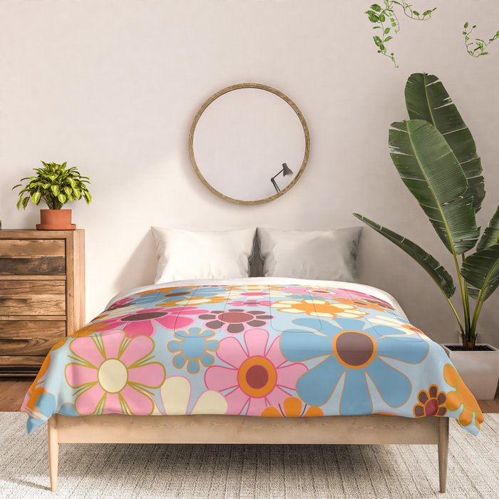 Cheerful Floral Retro Garden 60s 70s Pattern in Ice Blue Orange Pink Comforter Gallery Image 3
