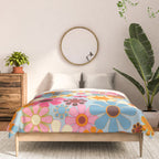 Cheerful Floral Retro Garden 60s 70s Pattern in Ice Blue Orange Pink Comforter Gallery Image 3