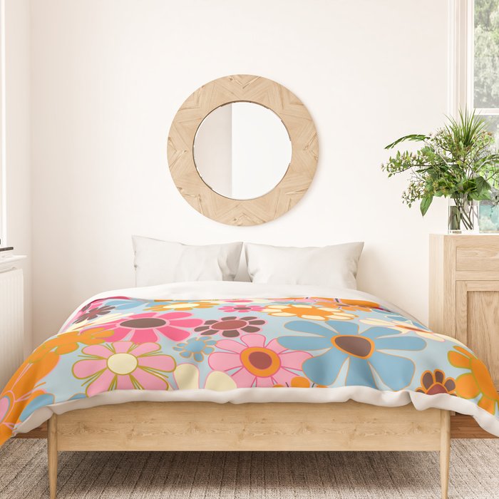 Cheerful Floral Retro Garden 60s 70s Pattern in Ice Blue Orange Pink Duvet Cover Gallery Image 3