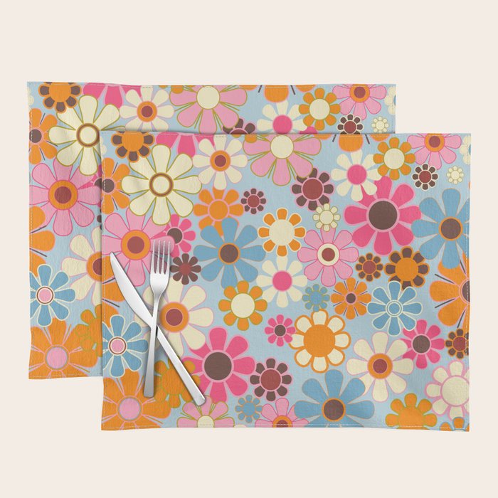 Cheerful Floral Retro Garden 60s 70s Pattern in Ice Blue Orange Pink Placemat Gallery Image 1
