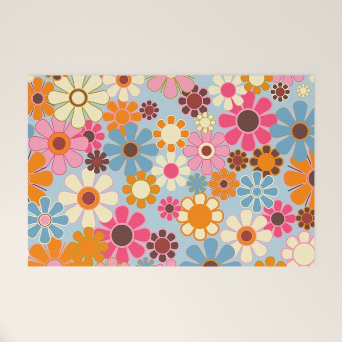 Cheerful Floral Retro Garden 60s 70s Pattern in Ice Blue Orange Pink Welcome Mat Gallery Image 1