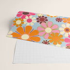 Cheerful Floral Retro Garden 60s 70s Pattern in Ice Blue Orange Pink Wrapping Paper Gallery Image 2