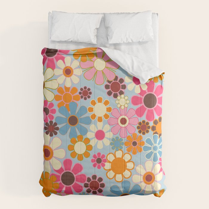 Cheerful Floral Retro Garden 60s 70s Pattern in Ice Blue Orange Pink Comforter Gallery Image 6