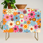 Cheerful Floral Retro Garden 60s 70s Pattern in Ice Blue Orange Pink Credenza Gallery Image 1