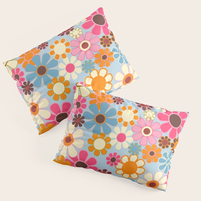 Cheerful Floral Retro Garden 60s 70s Pattern in Ice Blue Orange Pink Pillow Sham Gallery Image 3