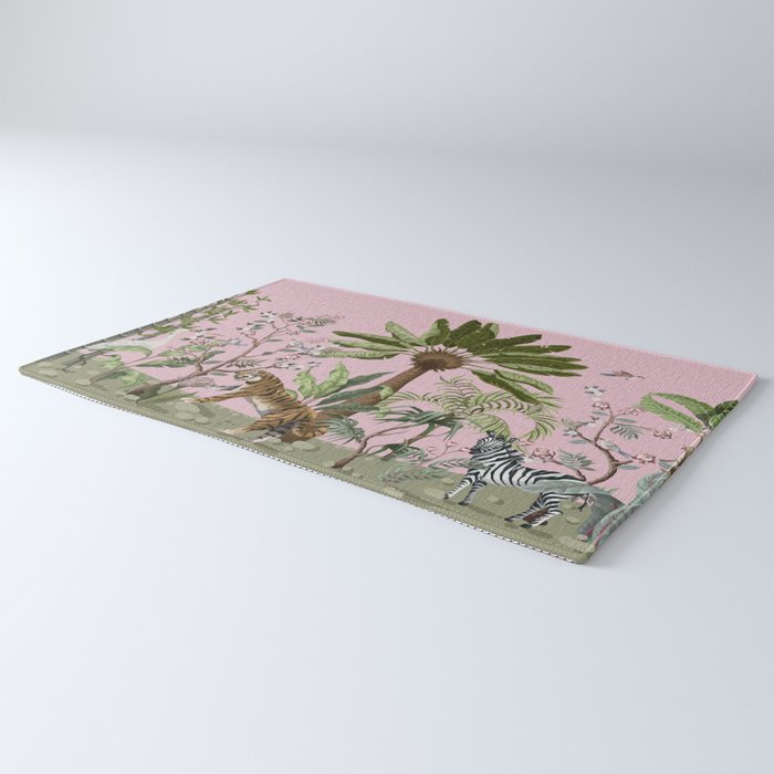 Chinoiserie Exotic Jungle Tiger Zebra Palms Pink Fresco Art Rug Gallery Image 3