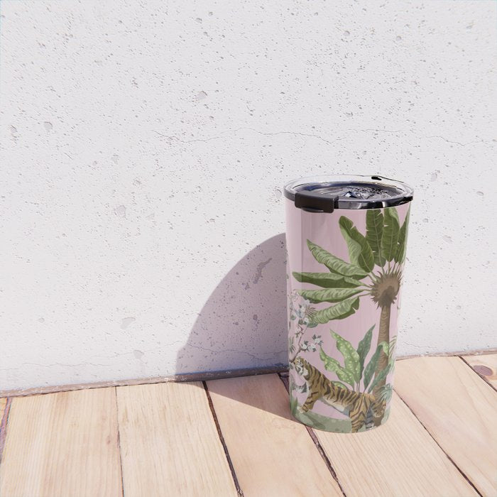 Chinoiserie Exotic Jungle Tiger Zebra Palms Pink Fresco Art Travel Mug Gallery Image 4