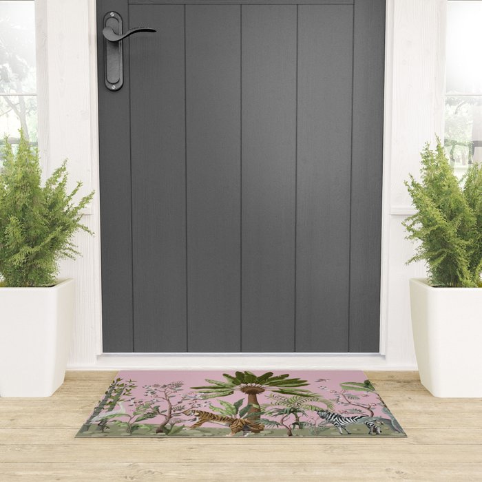 Chinoiserie Exotic Jungle Tiger Zebra Palms Pink Fresco Art Welcome Mat Gallery Image 3